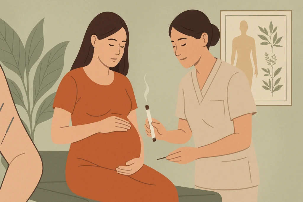 Illustration af TCM-behandling mod kvalme og opkast under graviditet med akupunktur og moxa på Frederiksberg