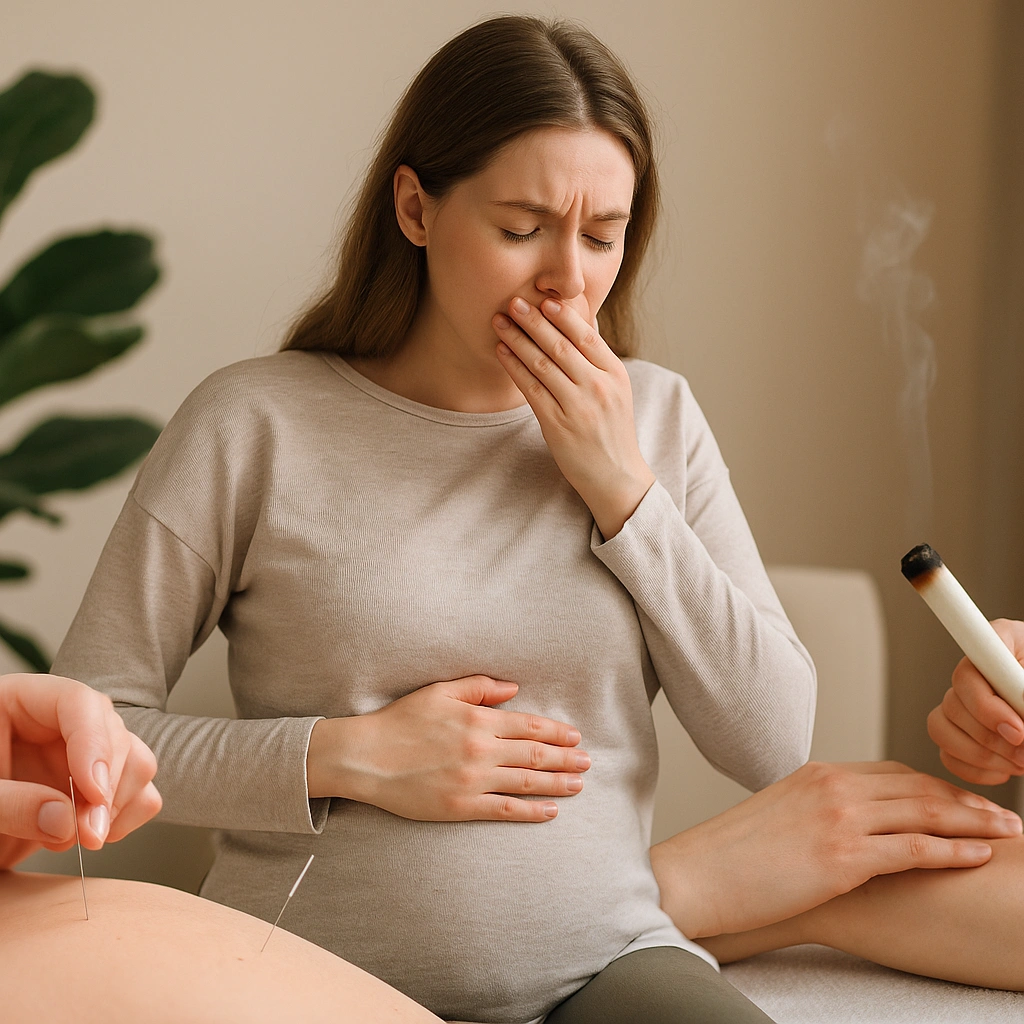 Gravid kvinde får akupunktur og moxibustion behandling mod morgenkvalme i klinik på Frederiksberg