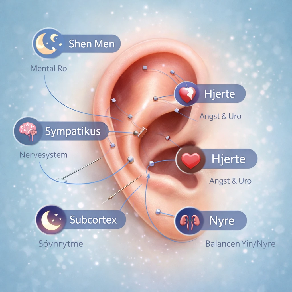 Illustration af øre-akupunkturpunkter og deres funktion ved søvnløshed