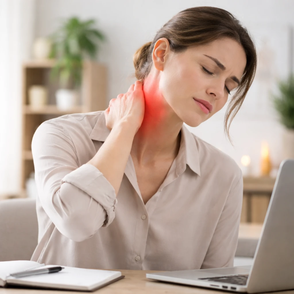 Kvinde med nakkesmerter fra stillesiddende kontorarbejde