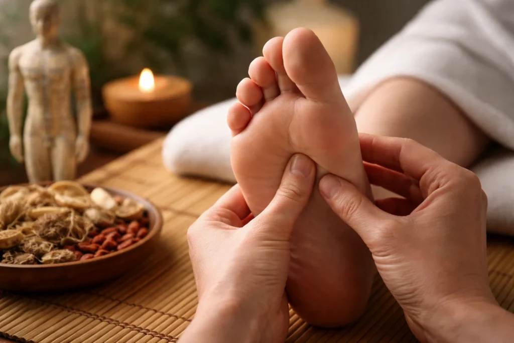 Yongquan point (Kidney 1) location on the sole of the foot used in acupuncture and TCM practice