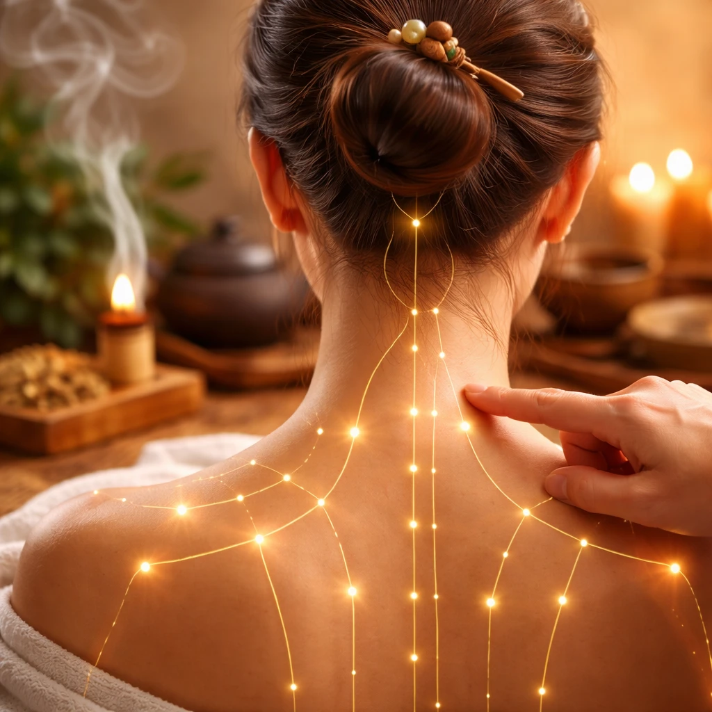 Traditional Chinese medicine meridian system illustrated on the upper back during acupuncture therapy