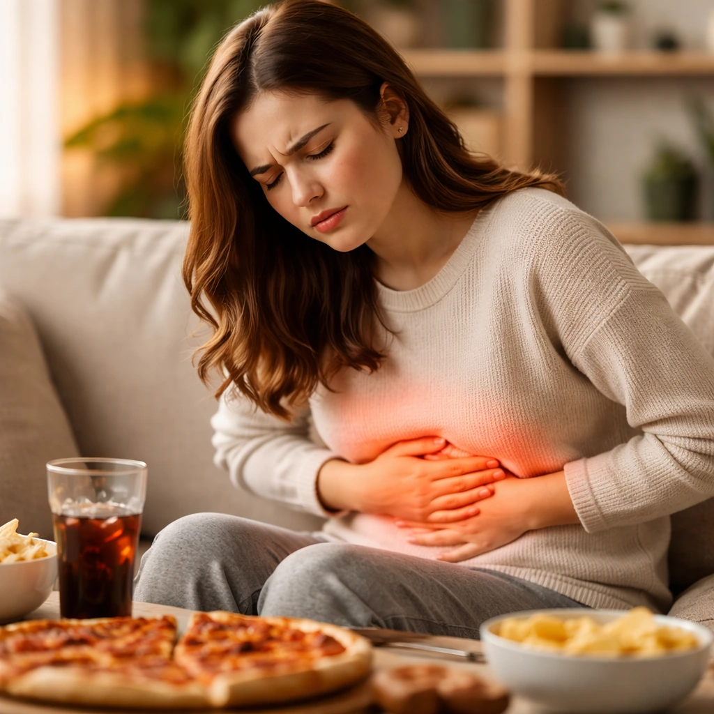 Kvinde med mavesmerter og oppustethed – illustration af fordøjelsesbesvær