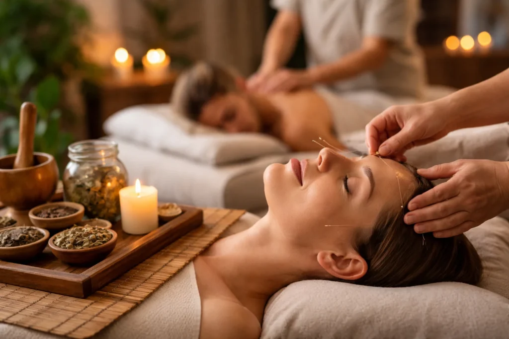 Kvinde oplever alvorlig stress og hovedpine på kontor – psykisk pres før behandling med akupunktur i Frederiksberg