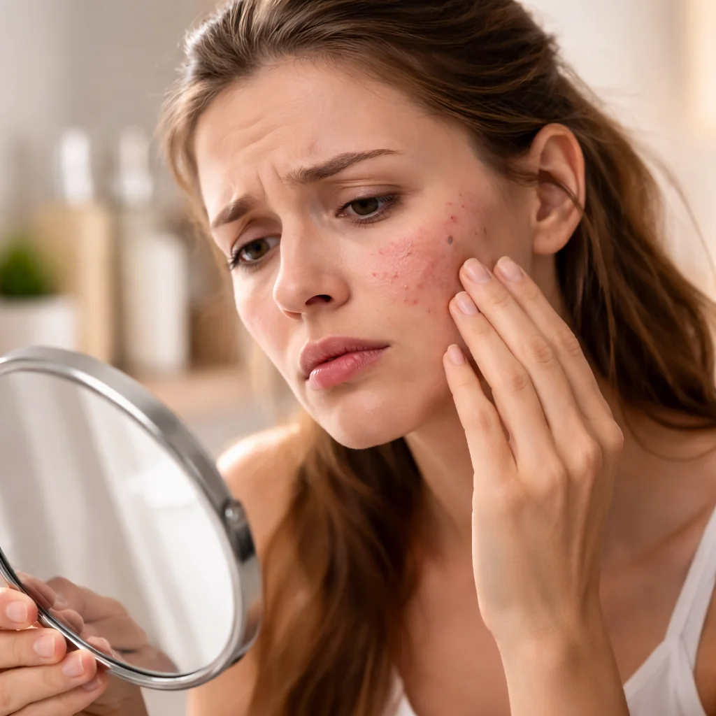 Hudproblemer og psykisk belastning – kvinde med akne og irriteret hud