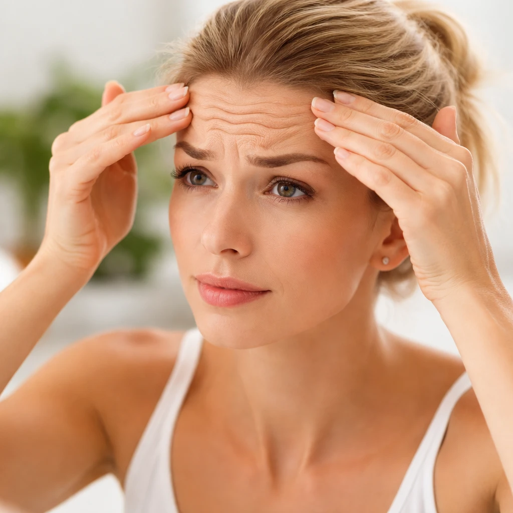 Kvinde bekymret over panderynker og tydelige mimiske linjer i panden før behandling