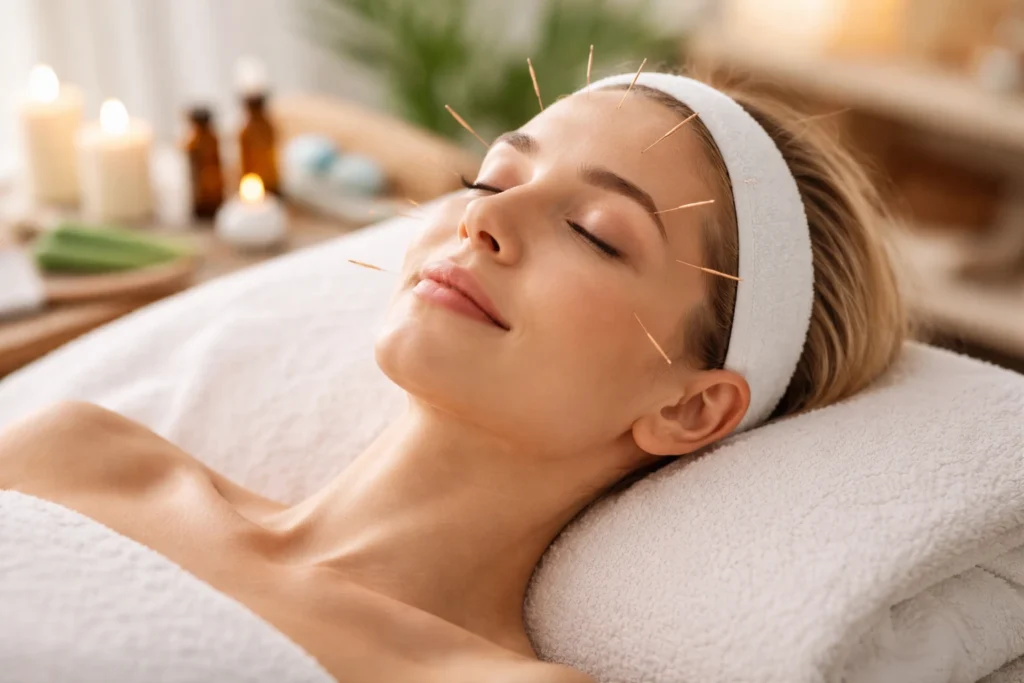 Kosmetisk akupunktur i ansigtet mod panderynker udført i professionel TCM-klinik i Frederiksberg