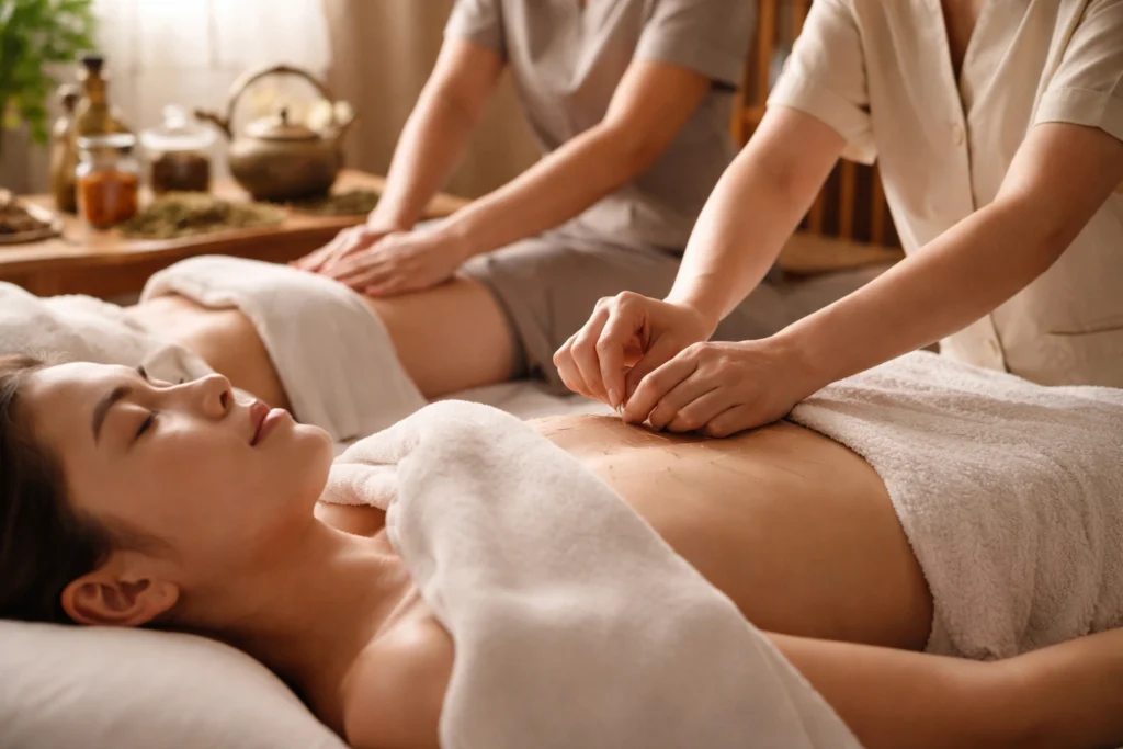 Acupuncture and abdominal massage treatment for indigestion relief in Frederiksberg clinic