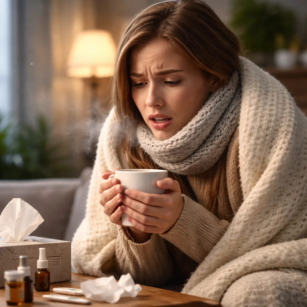 Cold constitution symptoms such as chills and fatigue illustrated by a woman holding hot tea before acupuncture treatment in a TCM clinic