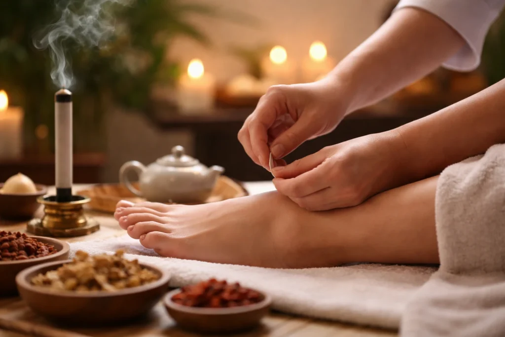 Woman experiencing cold constitution symptoms holding a warm cup, illustrating circulation weakness treated by acupuncture at a Frederiksberg acupuncture clinic