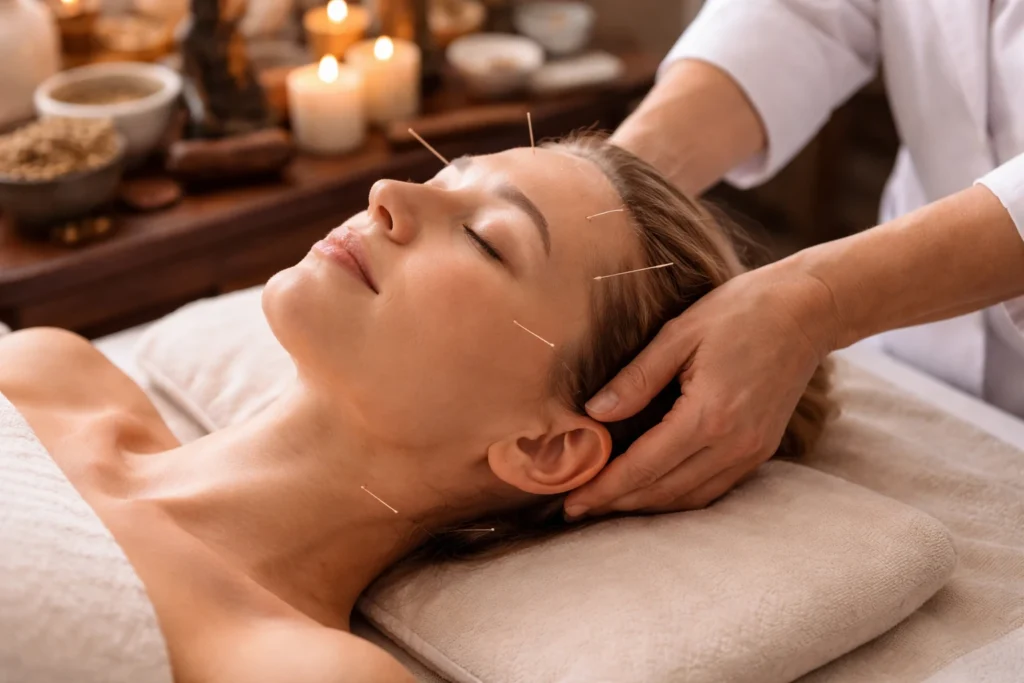 Kvinde med migræne smerter holder sig for tindingerne – symptomer på hovedpine behandlet i akupunktur klinik Frederiksberg