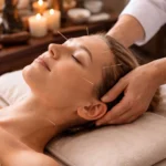 Kvinde med migræne smerter holder sig for tindingerne – symptomer på hovedpine behandlet i akupunktur klinik Frederiksberg