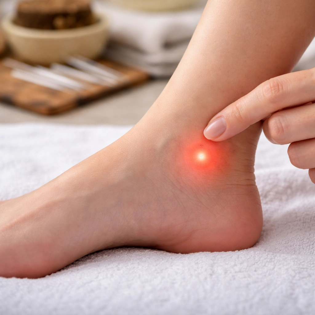 Zhaohai punktets placering ved indersiden af anklen brugt i akupunktur mod søvnløshed og ondt i halsen i Frederiksberg