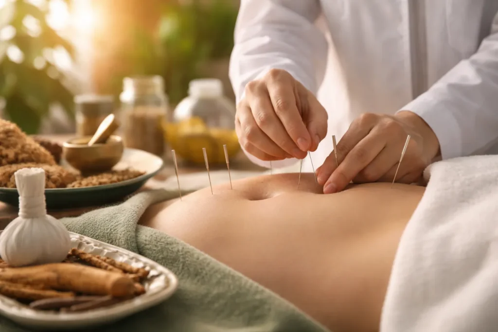 Person med oppustet mave og fordøjelsesbesvær sidder og holder sig på maven efter måltid