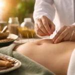 Person med oppustet mave og fordøjelsesbesvær sidder og holder sig på maven efter måltid