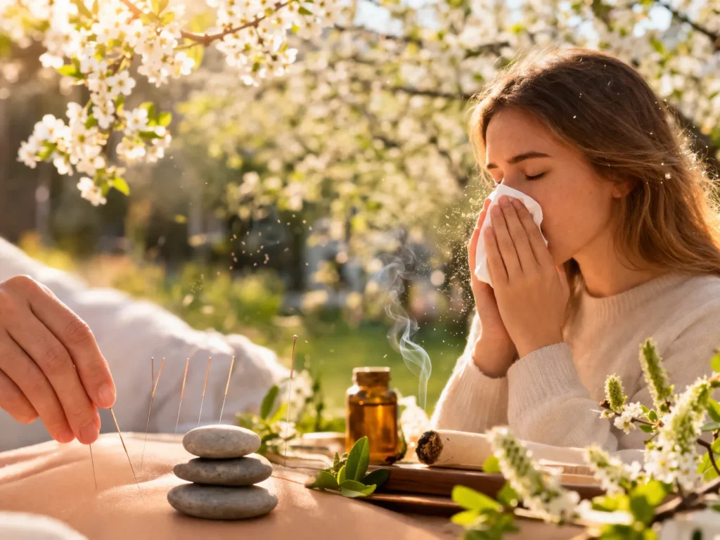 Kvinde med pollenallergi symptomer nysen og kløende øjne i foråret