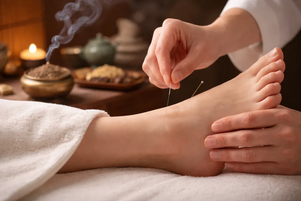 Woman suffering from insomnia at night showing health risks of sleep deprivation before acupuncture treatment in a Frederiksberg acupuncture clinic