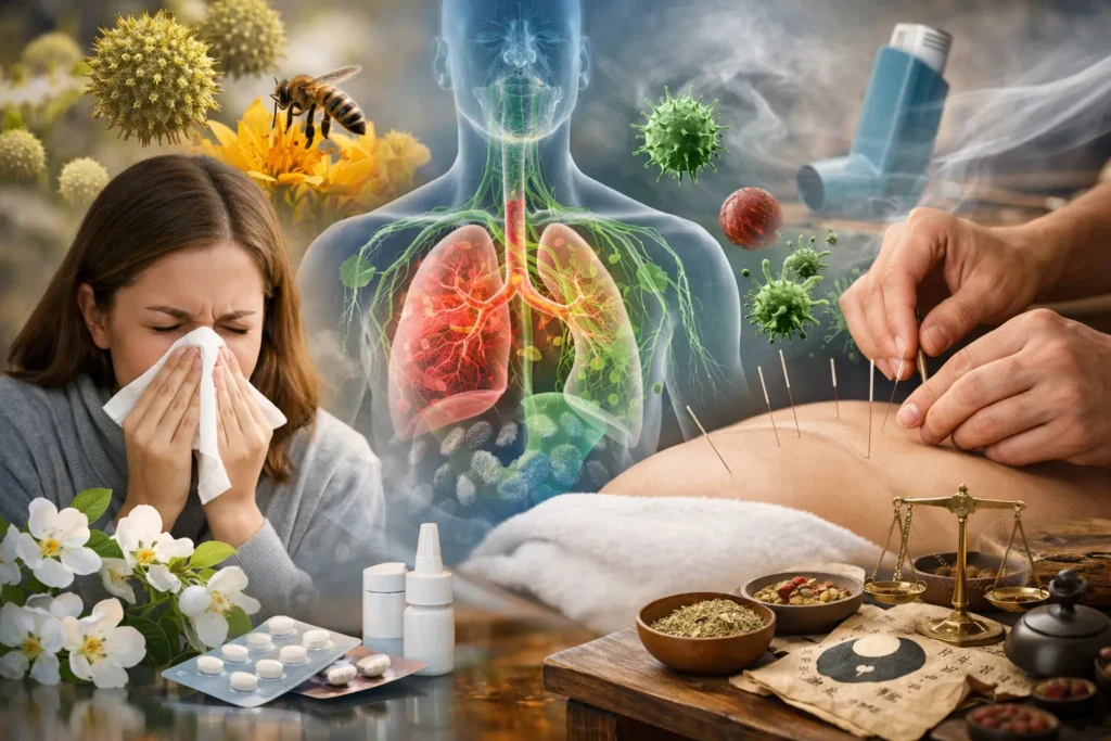 Symptomer på allergi som nysen og irritation forårsaget af pollen, støv og madallergi