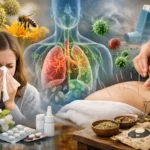 Symptomer på allergi som nysen og irritation forårsaget af pollen, støv og madallergi