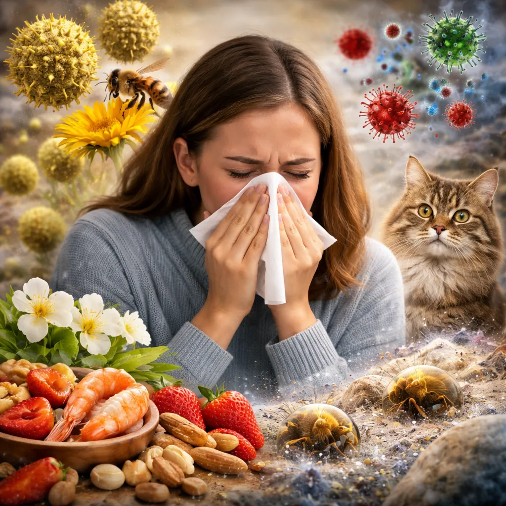 Kvinde med allergisk reaktion omgivet af pollen, støv, dyr og fødevarer der udløser allergi
