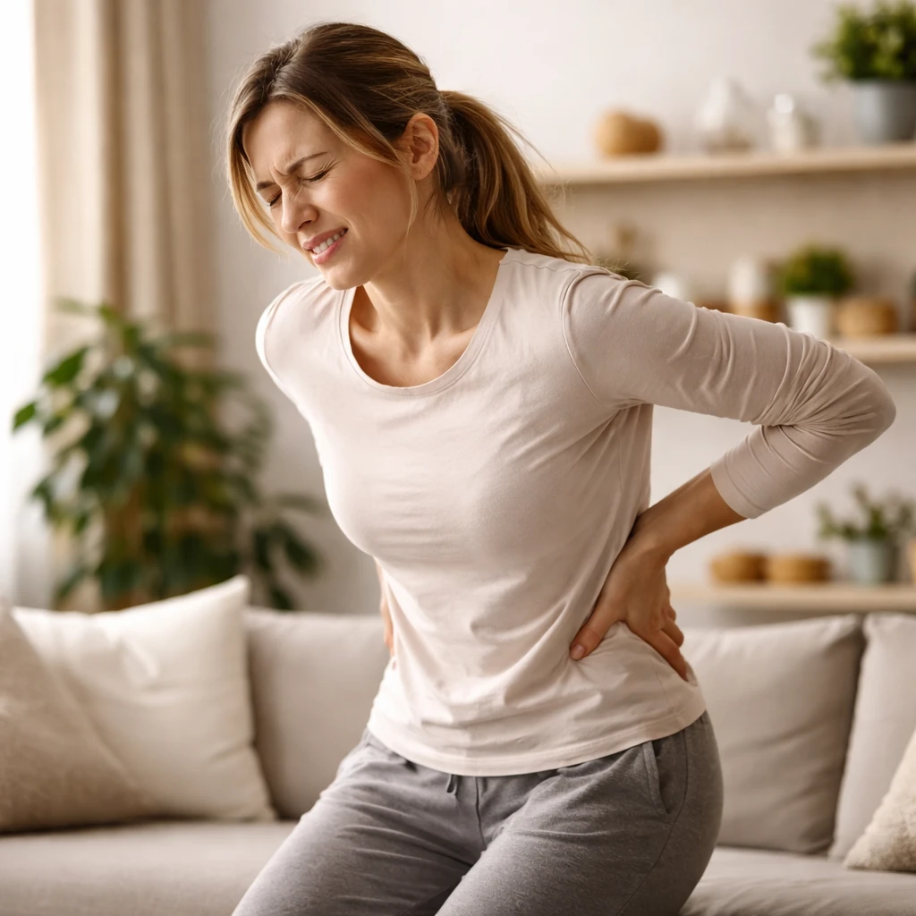 Woman experiencing lower back pain at home, common symptom of shoulder neck and lower back disorders treated with acupuncture therapy