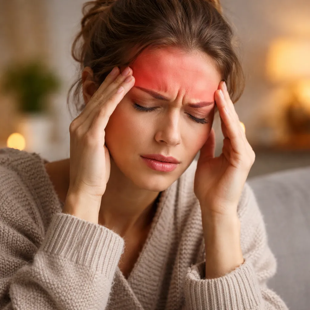 woman suffering from migraine headache holding temples pain relief acupuncture Frederiksberg Klinik