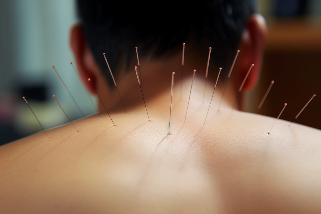 Akupunktur nåle placeret på ryg under behandling i akupunkturcenter Danmark