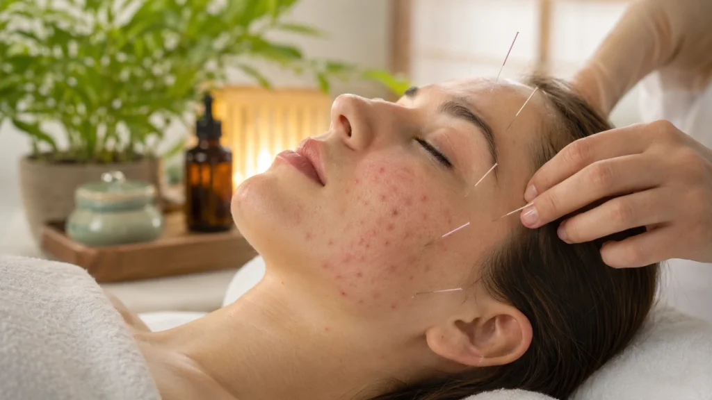Young woman with hormonal acne and facial inflammation in a clean dermatology and acupuncture treatment environment