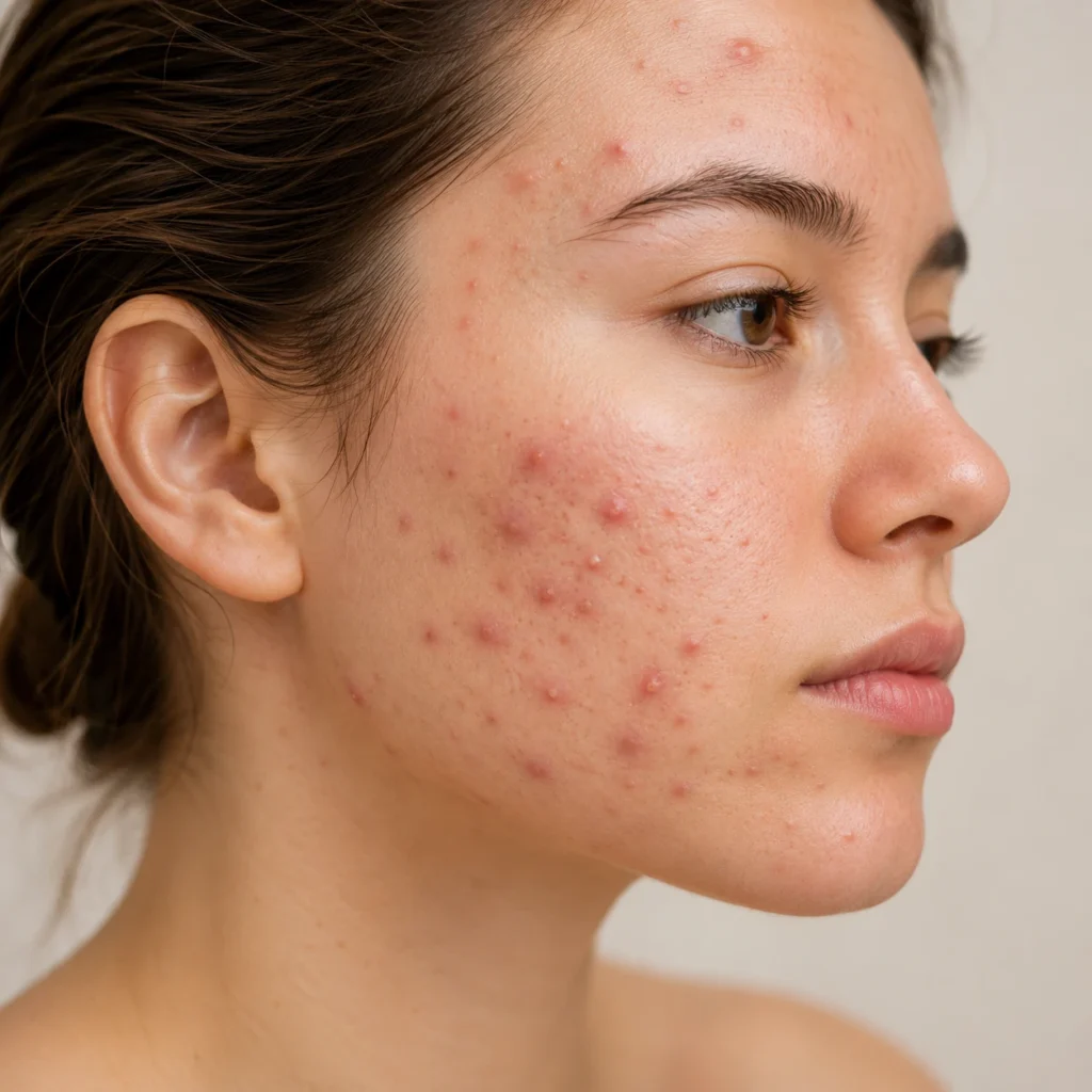 Close-up of facial acne symptoms with inflamed pimples and redness on young woman skin in a clinical skincare setting