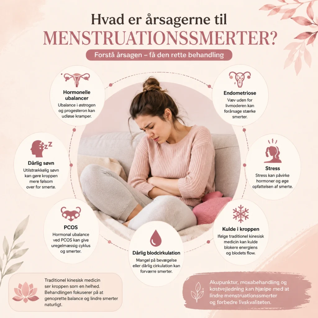 Kvinde med menstruationssmerter omgivet af illustrationer om hormonelle ubalancer, stress, PCOS og dårlig blodcirkulation i dansk TCM infografik