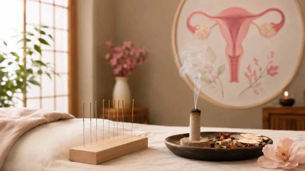 Dansk infographic om menstruationssmerter med fokus på akupunktur, TCM-praksis og naturlig behandling af menstruationskramper