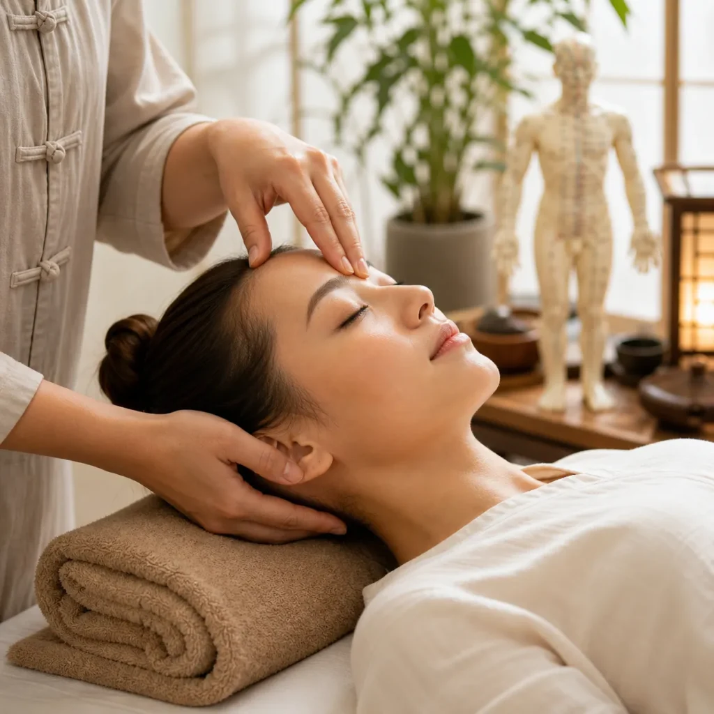 Akupressur massage ansigtsbehandling i akupunkturcenter Frederiksberg med fokus på afslapning og smertereduktion