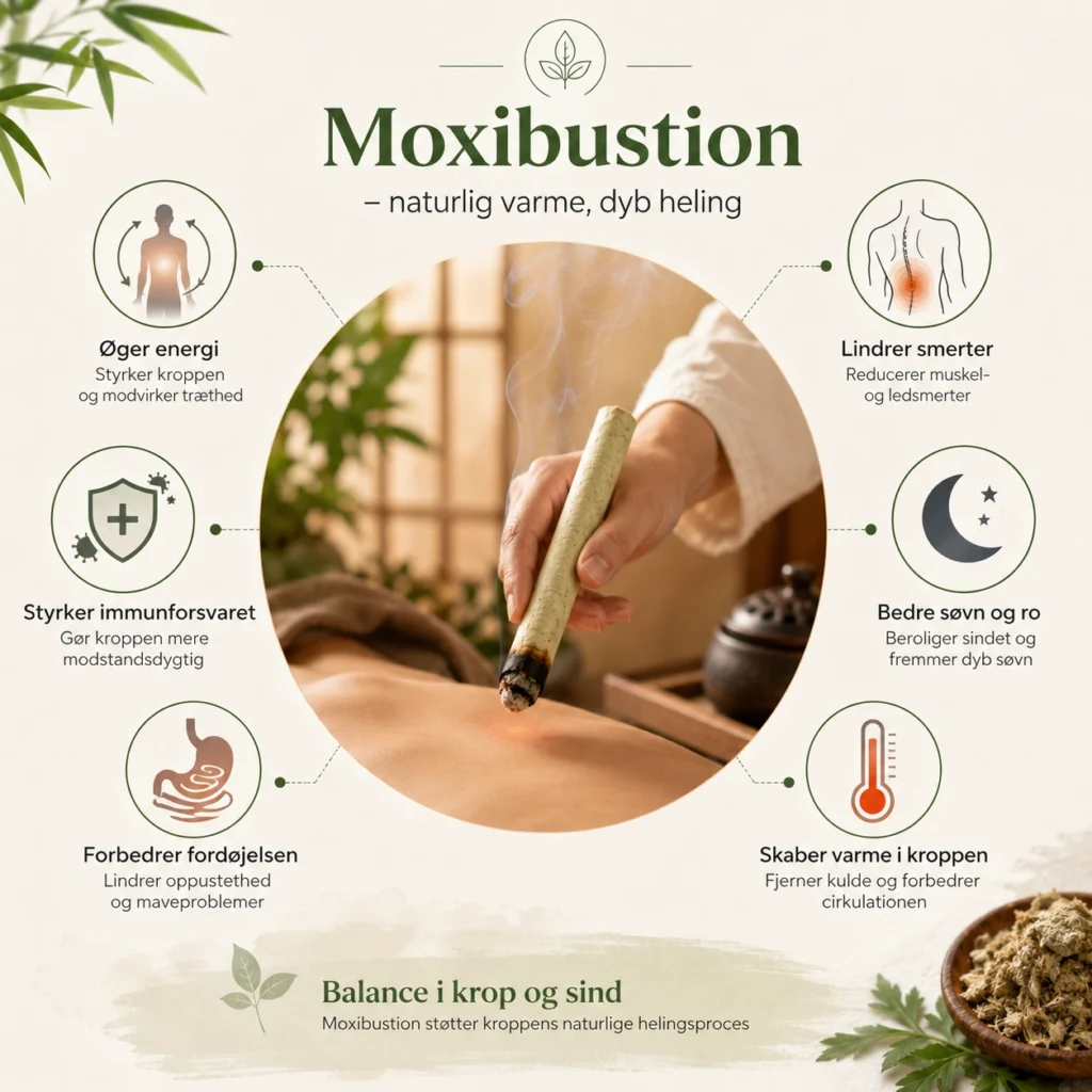Danish infographic about moxibustion benefits including pain relief, better sleep, digestion support, and improved energy balance
