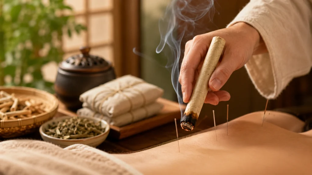 Traditional Chinese moxibustion therapy illustration with Danish wellness labels for stress relief and body warming effects