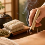 Traditional Chinese moxibustion therapy illustration with Danish wellness labels for stress relief and body warming effects