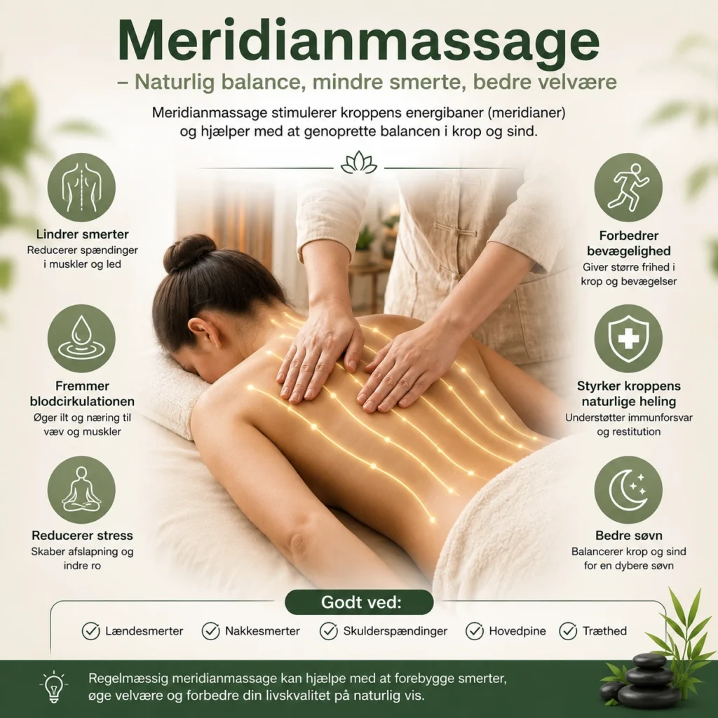 Meridianmassage illustration der viser forbedret blodcirkulation, smertelindring og afslapning gennem traditionel kinesisk medicin.