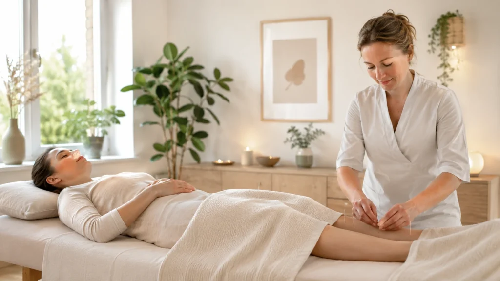 Akupunkturbehandling til kvinde med menstruationssmerter i en rolig klinik