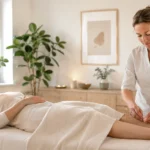 Akupunkturbehandling til kvinde med menstruationssmerter i en rolig klinik