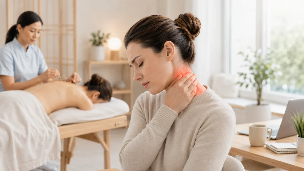 Woman with neck pain in a calm clinic receiving acupuncture treatment in background