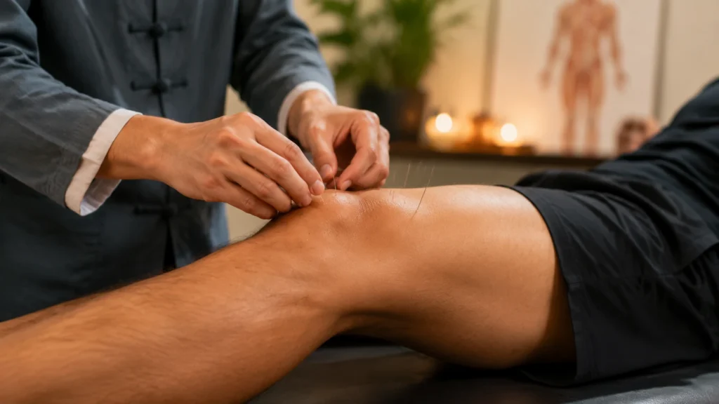 Akupunkturbehandling af knæ hos person med sportsskade i klinik