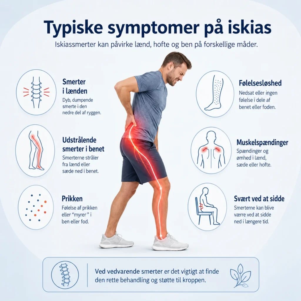 Infografik over typiske symptomer på iskias og iskiassmerter