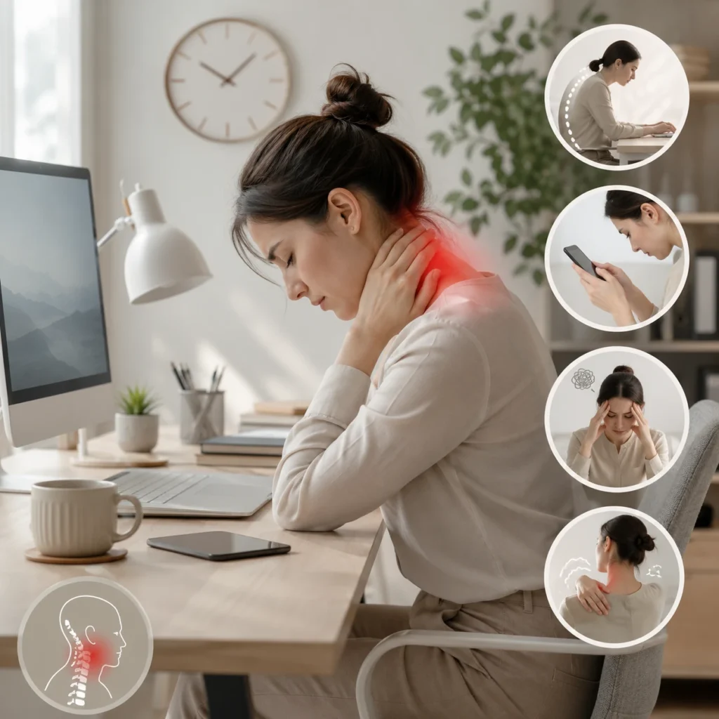 Causes of neck pain from office work including posture problems and prolonged computer use