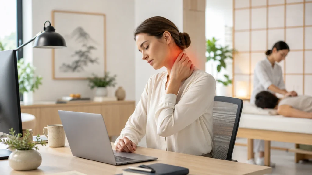 Office worker with neck pain caused by poor posture and long screen time at a desk