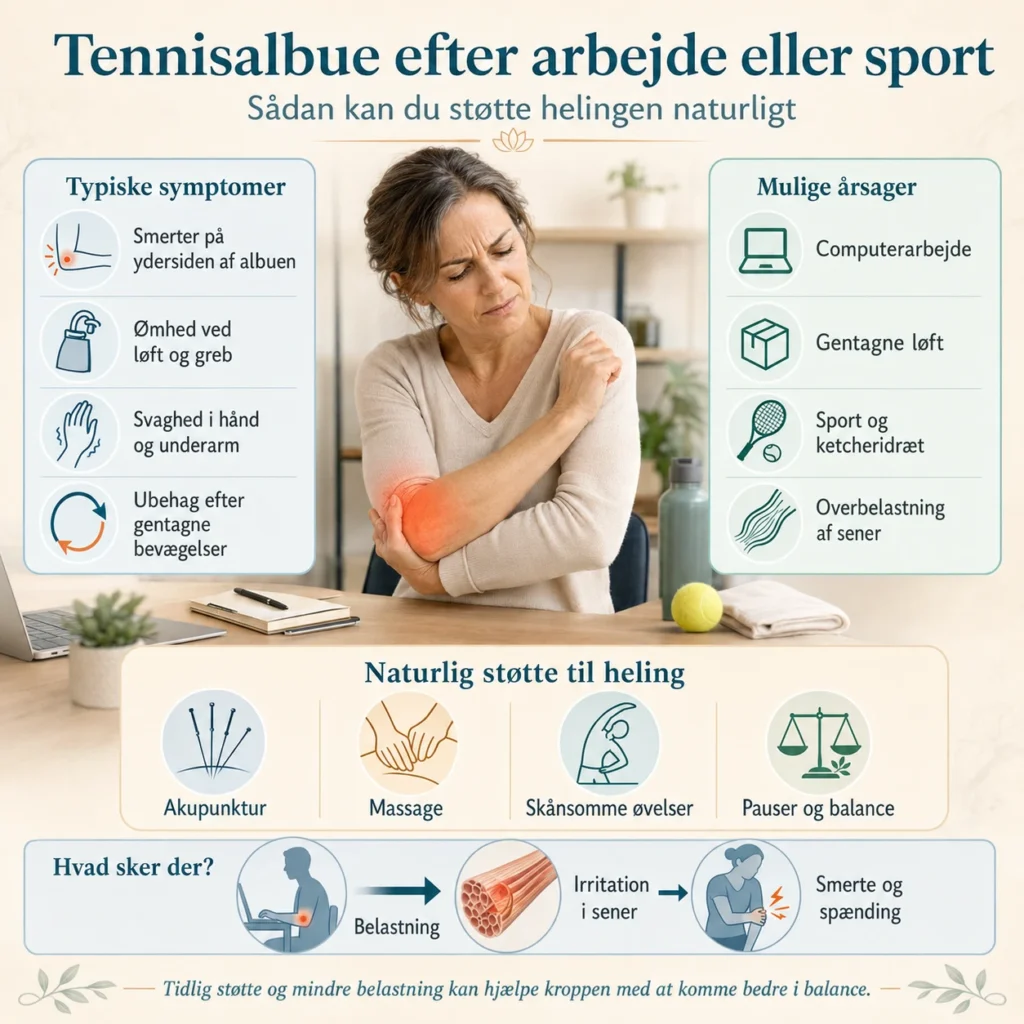 Infografik om tennisalbue symptomer årsager og behandling med akupunktur og massage