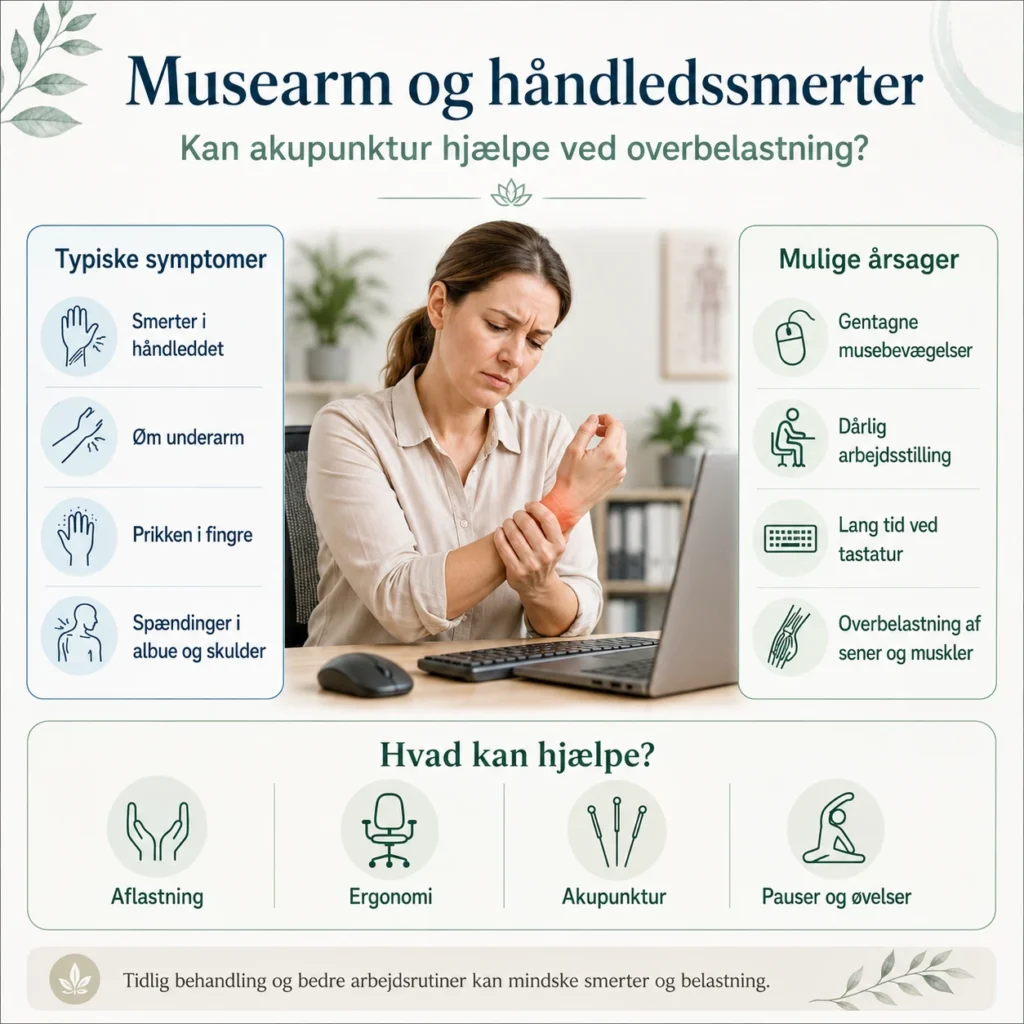 Infografik om musearm, håndledssmerter og akupunktur behandling på Frederiksberg