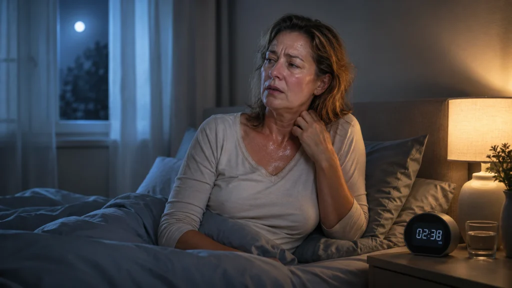 Kvinde i overgangsalderen vågen om natten med hedeture og søvnproblemer