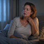 Kvinde i overgangsalderen vågen om natten med hedeture og søvnproblemer