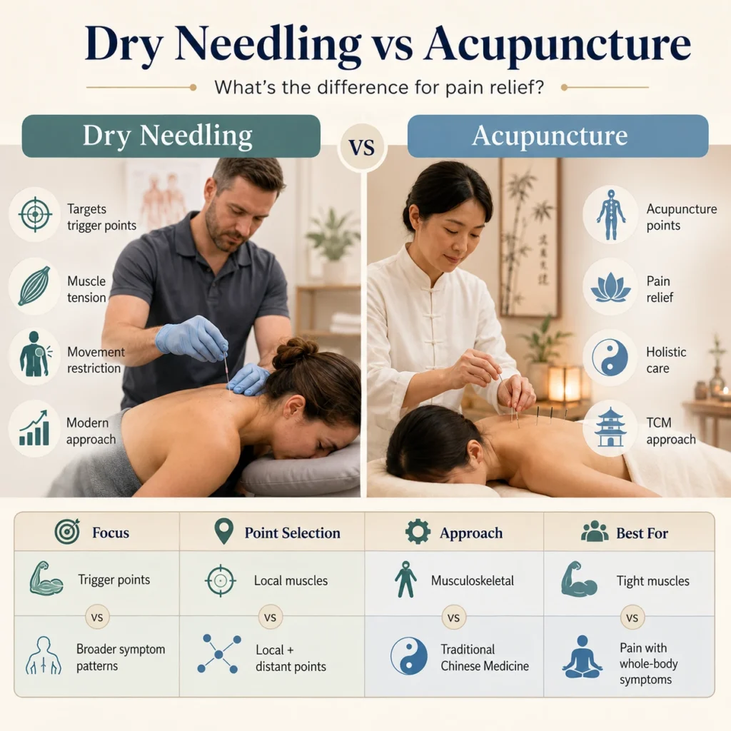 Dry needling vs acupuncture infographic for pain relief and TCM treatment in Frederiksberg Copenhagen