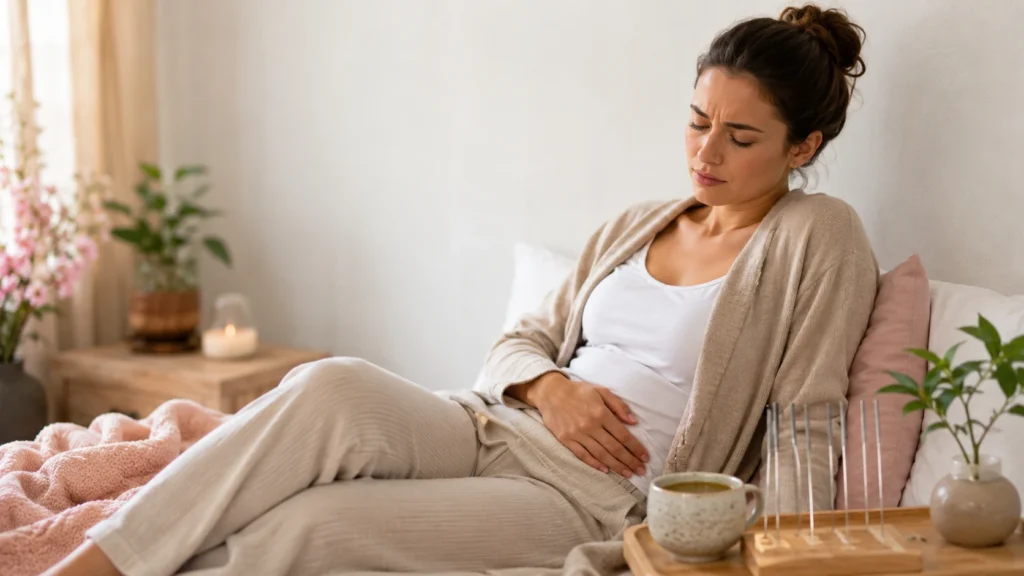 Kvinde med PMS og menstruationssmerter søger naturlig behandling med akupunktur og TCM