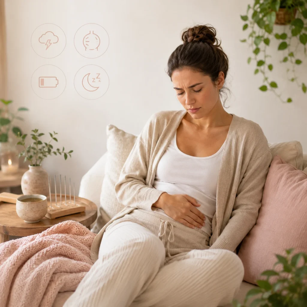 PMS symptomer som menstruationssmerter, træthed og søvnproblemer illustreret med TCM perspektiv